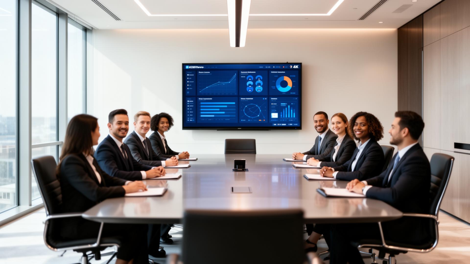 Modern executive boardroom with multi-ethnic team